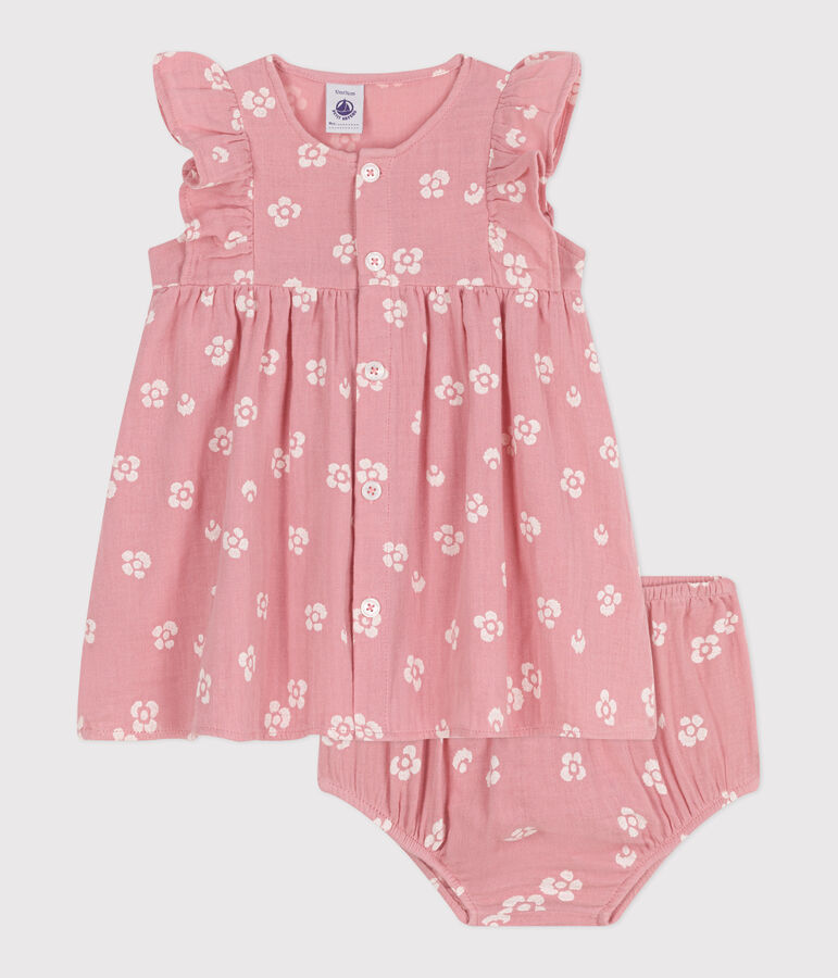 Babykleid mit Bloomer aus gebl&uuml;mtem Musselin-Stoff rosa/weiss
