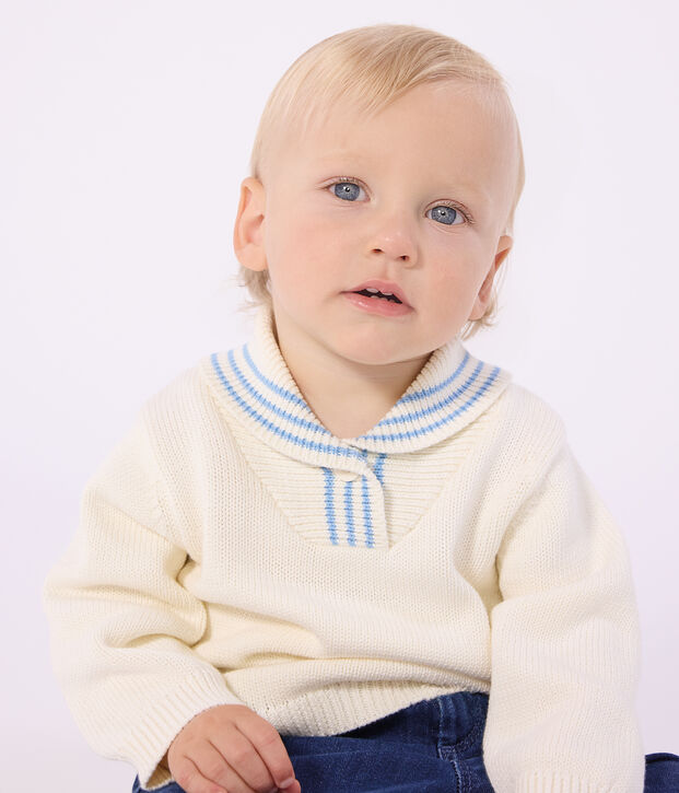 Baby-Pullover mit Schalkragen gestreifter Baumwolle MILK