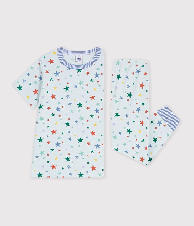 Kurz&auml;rmeliger Kinder-Pyjama mit langen Beinen aus gemusterter Baumwolle blau/vielfarbig