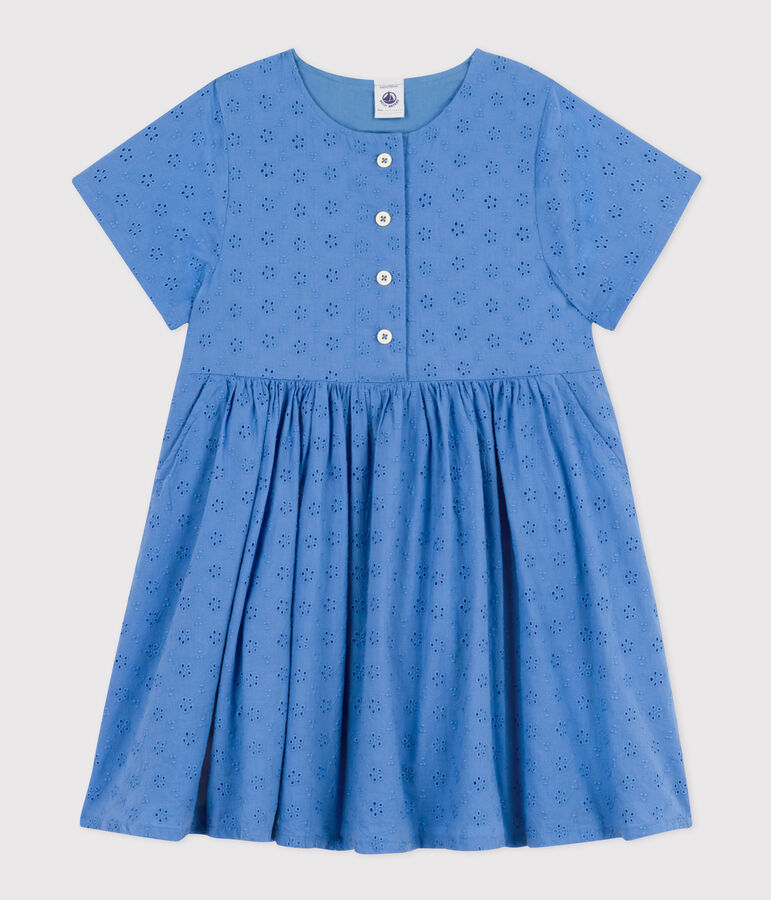 Kurz&auml;rmeliges Kinder-Kleid mit englischer Stickerei f&uuml;r M&auml;dchen blau