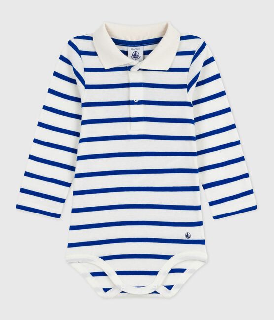 Baby-Body mit Polokragen aus gestreifter Baumwolle  blau MILK/ OLYMPIC