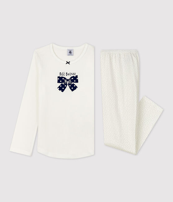 Kinderpyjama aus Bio-Baumwolle mit Punktmuster für Mädchen weiss MARSHMALLOW/blau MEDIEVAL