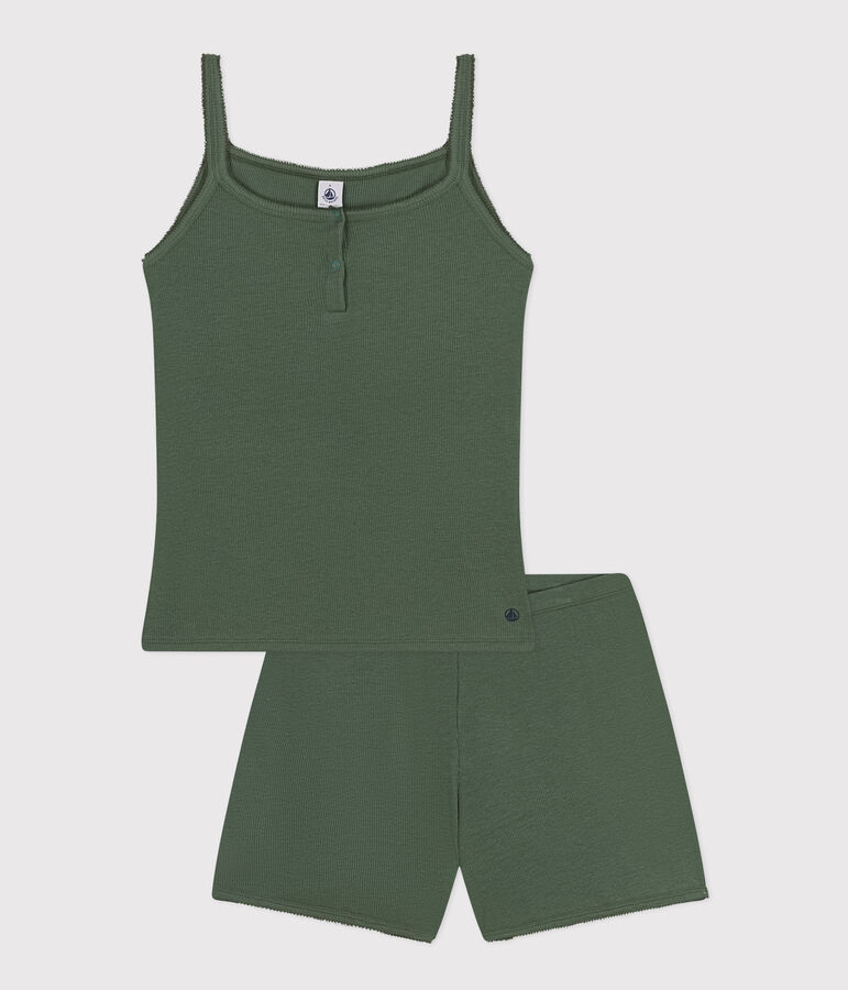 Kurzer Pyjama und unifarbenes Tanktop aus Baumwolle Damen gr&uuml;n