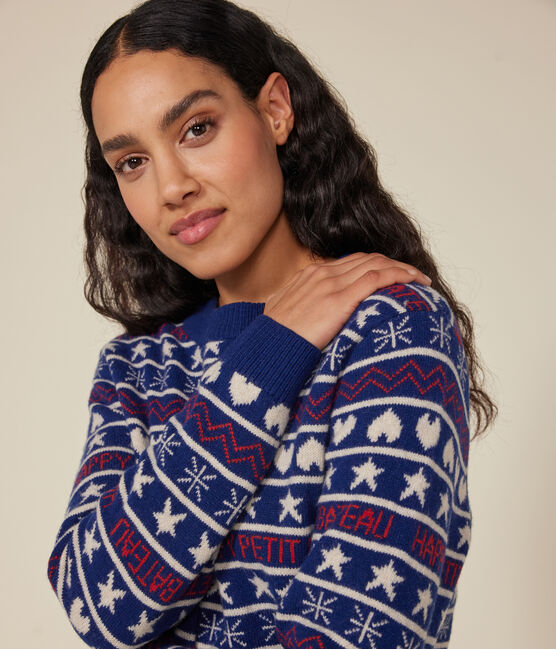 Damen-Pullover aus Woll-und Baumwolljacquard blau MEDIEVAL/weiss MULTICO