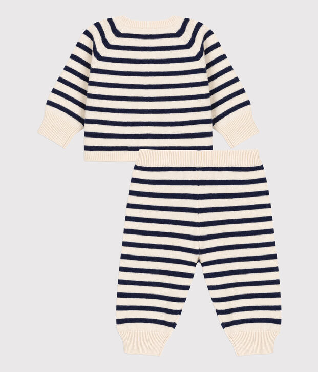 Zweiteiliges Baby-Set aus Woll- und Baumwoll-Strick mit Marinestreifen naturfarben/blau