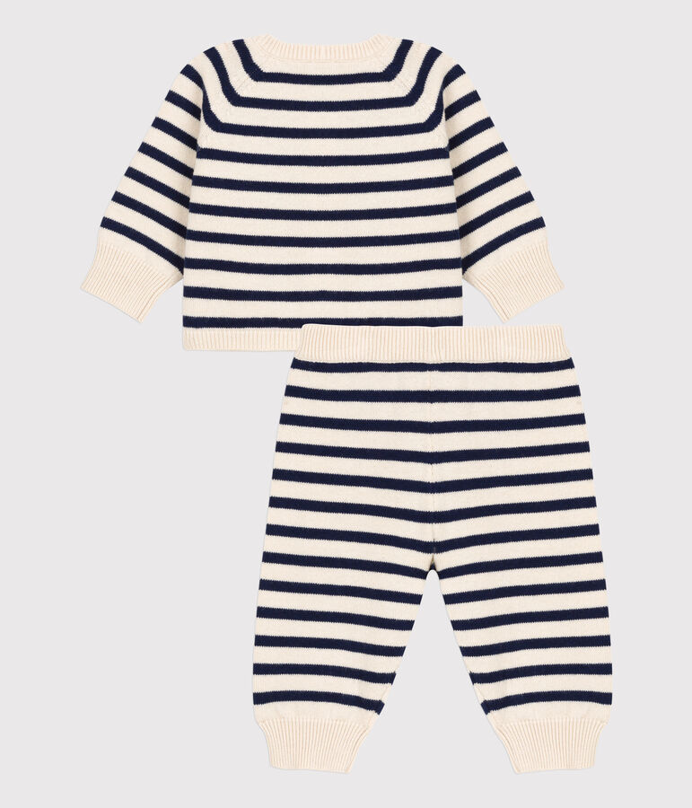 Zweiteiliges Baby-Set aus Woll- und Baumwoll-Strick mit Marinestreifen naturfarben/blau
