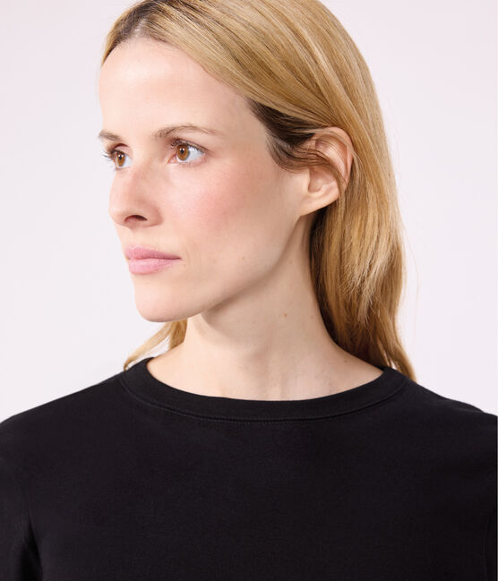 Langärmeliges Damen-T-Shirt L'Iconique aus einfarbigem Rippstrick schwarz BLACK
