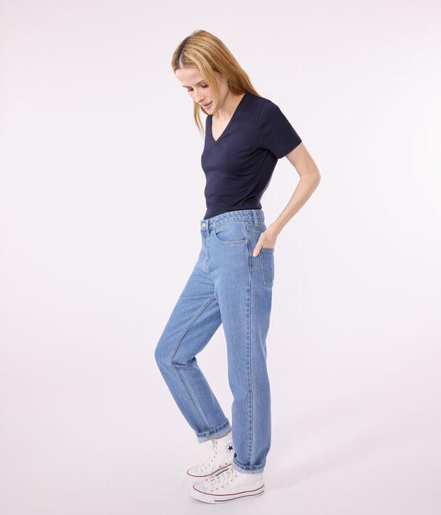 Kurz&auml;rmeliges Damen-T-Shirt L'ICONIQUE aus einfarbigem Rippstrick blau