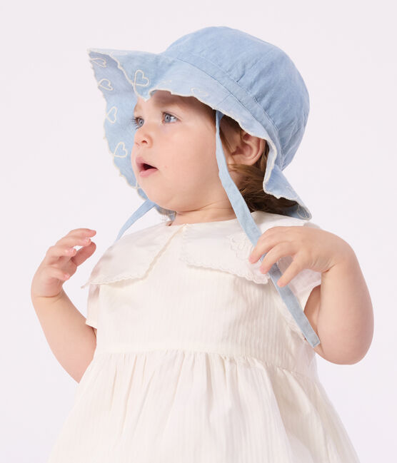 Breitkrempiger Baby-Sonnenhut aus Chambray für Mädchen blau BLEU CLAIR