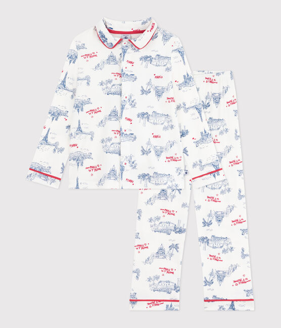 Kinder-Pyjama mit Knopfverschluss aus Baumwolle mit Paris-Motiven weiss MARSHMALLOW/weiss MULTICO