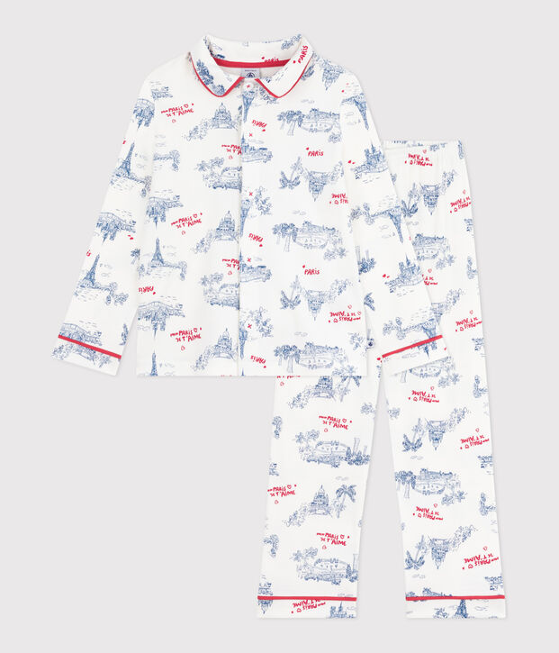 Kinder-Pyjama mit Knopfverschluss aus Baumwolle mit Paris-Motiven weiss/vielfarbig