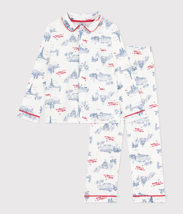 Kinder-Pyjama mit Knopfverschluss aus Baumwolle mit Paris-Motiven weiss/vielfarbig