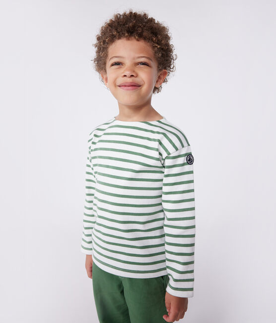 Langärmeliges Kinder-Unisex Streifenshirt aus Baumwolle grün MARSHMALLOW/ PALMERAIE