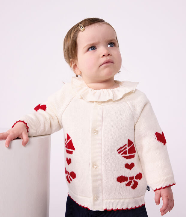 Baby-Cardigan aus Woll- und Baumwollstrick mit Jacquardmuster weiss/rot
