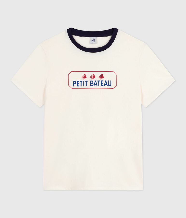 Kurz&auml;rmeliges Damen T-Shirt Le Droit mit geradem Schnitt aus Baumwolle naturfarben/blau