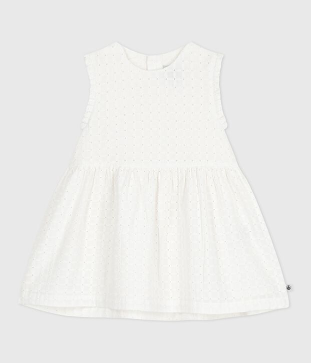 &Auml;rmelloses wei&szlig;es Baby-Kleid aus Baumwolle mit Lochspitze weiss
