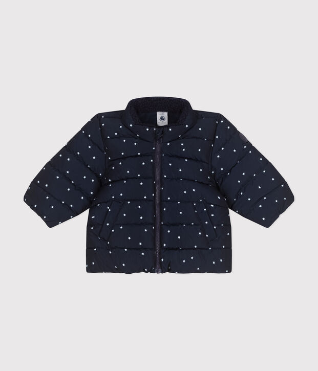 Gemusterte  Baby-Winterjacke mit einrollbarer Kapuze blau/weiss