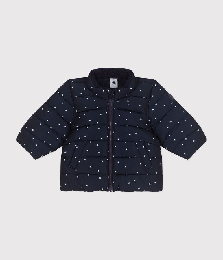 Gemusterte  Baby-Winterjacke mit einrollbarer Kapuze blau/weiss