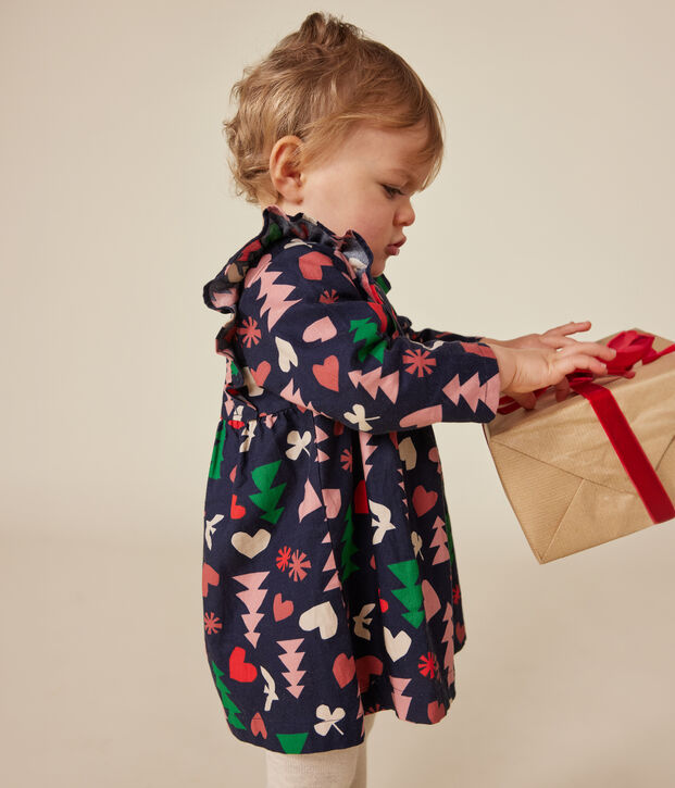 Lang&auml;rmeliges Baby-Kleid aus Flanell blau/vielfarbig