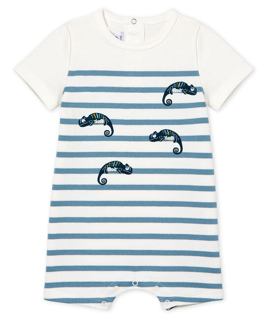 Kurzärmliger Baby-Kurzoverall Jungen weiss MARSHMALLOW/blau FONTAINE