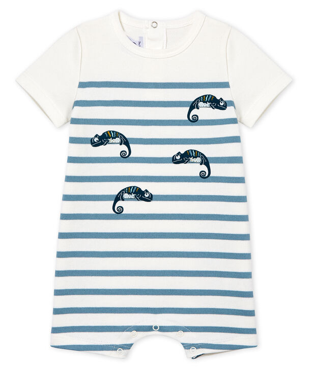 Kurz&auml;rmliger Baby-Kurzoverall Jungen weiss/blau