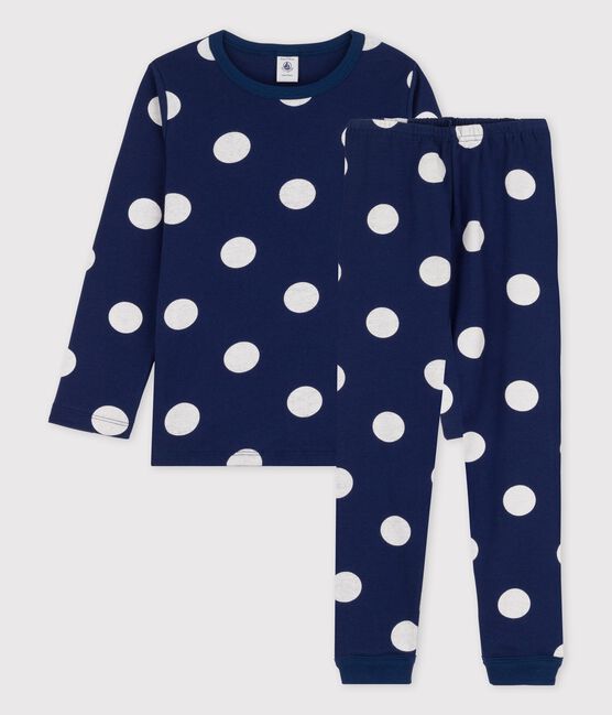 Kinderpyjama aus Bio-Baumwolle mit Pünktchenmuster blau MEDIEVAL/weiss MARSHMALLOW