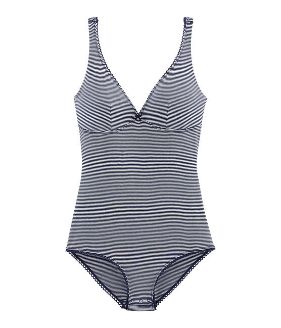 Ärmelloser damen-body aus extra feinem jersey blau ABYSSE/weiss LAIT