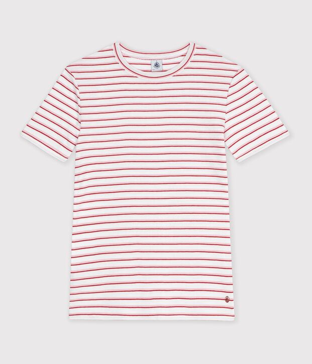Kurz&auml;rmeliges Damen T-Shirt aus Baumwolle mit Streifen weiss/rot