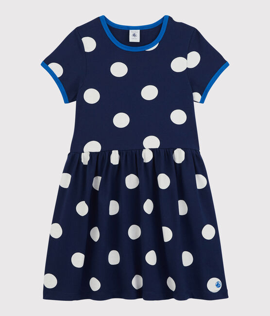 Kurzärmeliges Kleid aus Baumwolle für Mädchen blau MEDIEVAL/weiss MARSHMALLOW