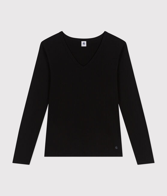 Langärmeliges Damen-T-Shirt L'Iconique aus einfarbigem Rippstrick schwarz BLACK