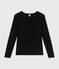 Langärmeliges Damen-T-Shirt L'Iconique aus einfarbigem Rippstrick schwarz BLACK
