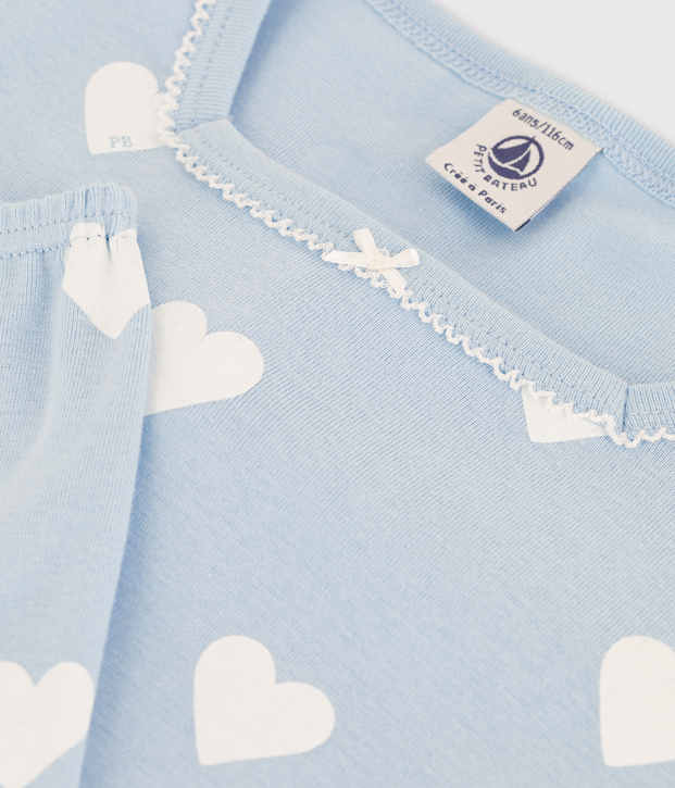 Kinder-Kurzpyjama aus Bio-Baumwolle mit Herzmotiv f&uuml;r M&auml;dchen blau/weiss
