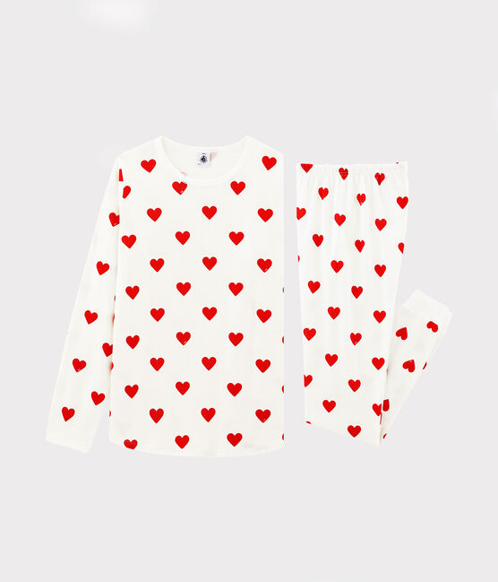 Pyjama aus Rippstrick mit Herzchen-Print für Mädchen/Frauen weiss MARSHMALLOW/rot TERKUIT