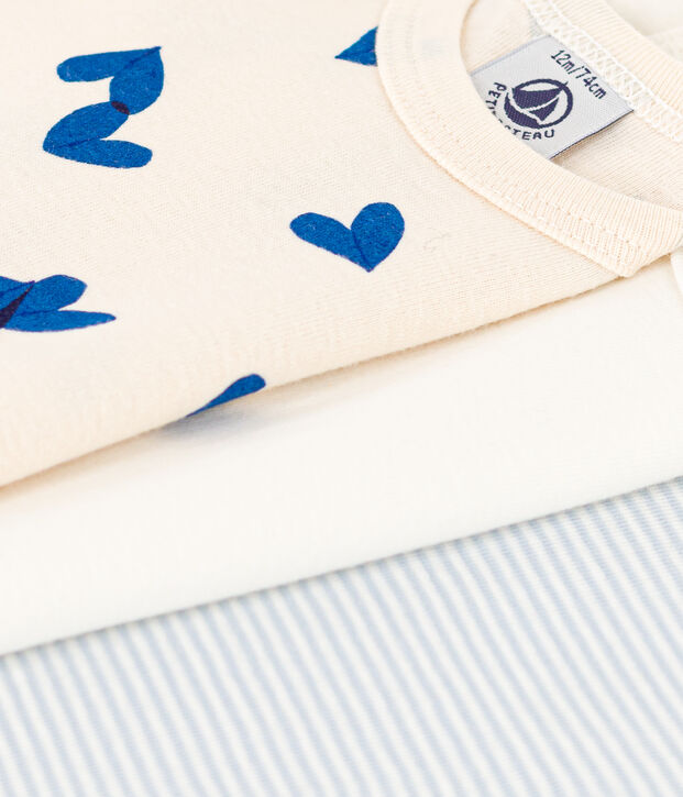 3er-Set lang&auml;rmelige Baby-Bodys aus Baumwolle mit blauen Herzen vielfarbig