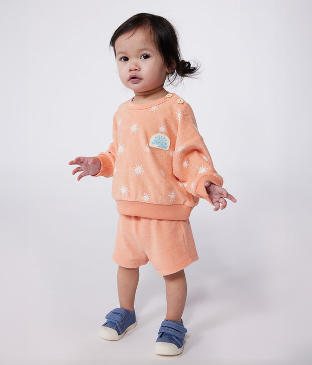 Baby-Sweatshirt aus Baumwoll-Frottee mit Sonnenmuster orange/weiss