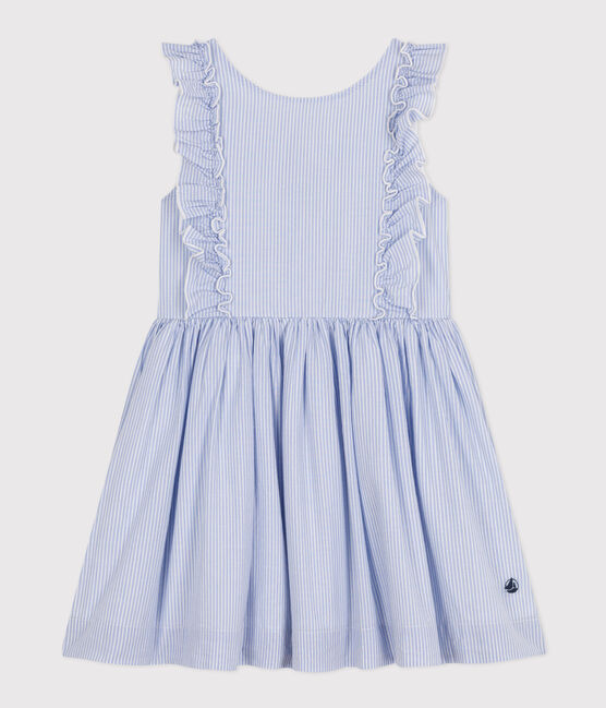 Ärmelloses, gestreiftes Kleid aus Popeline für Kinder/Mädchen BLEU/ MARSHMALLOW/ ARGENT