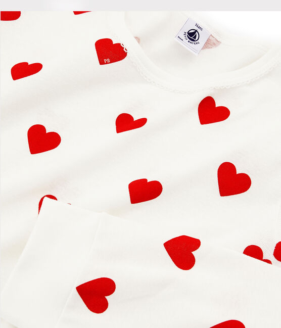 Pyjama aus Rippstrick mit Herzchen-Print für Mädchen/Frauen weiss MARSHMALLOW/rot TERKUIT