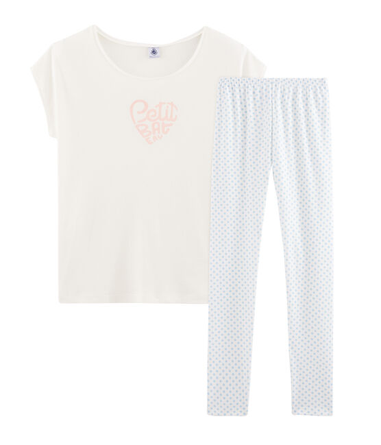 Rippstrick-Pyjama für Mädchen weiss MARSHMALLOW/blau JASMIN