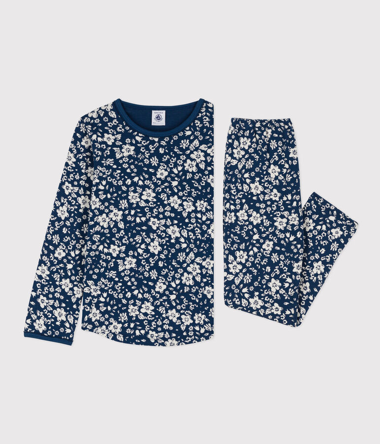 Kinderpyjama aus Baumwolle mit Blumenmotiv f&uuml;r M&auml;dchen blau/weiss