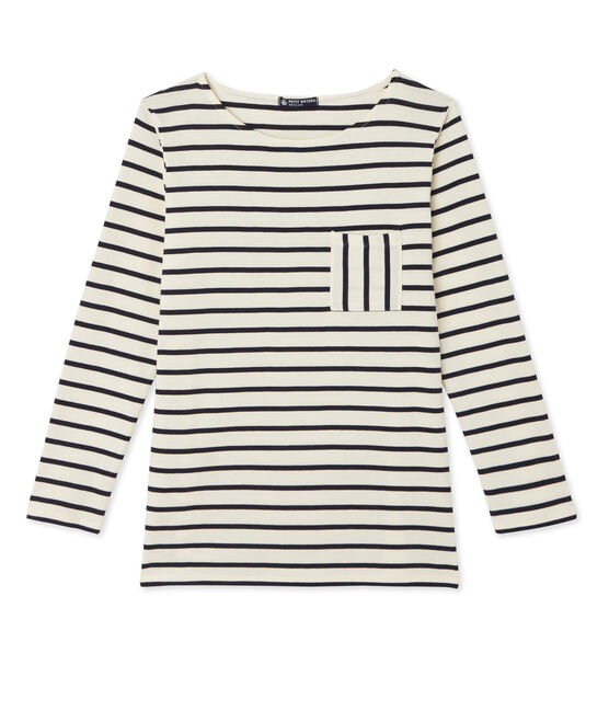 T-shirt femme manches longues en côte originale beige COQUILLE/blau SMOKING