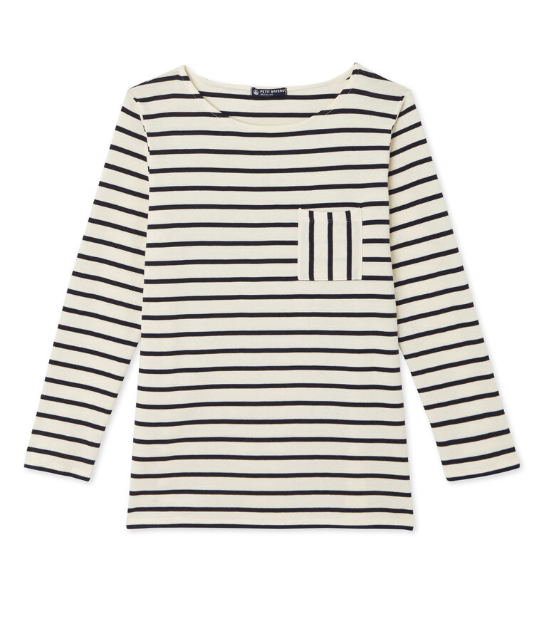 T-shirt femme manches longues en c&ocirc;te originale weiss/blau