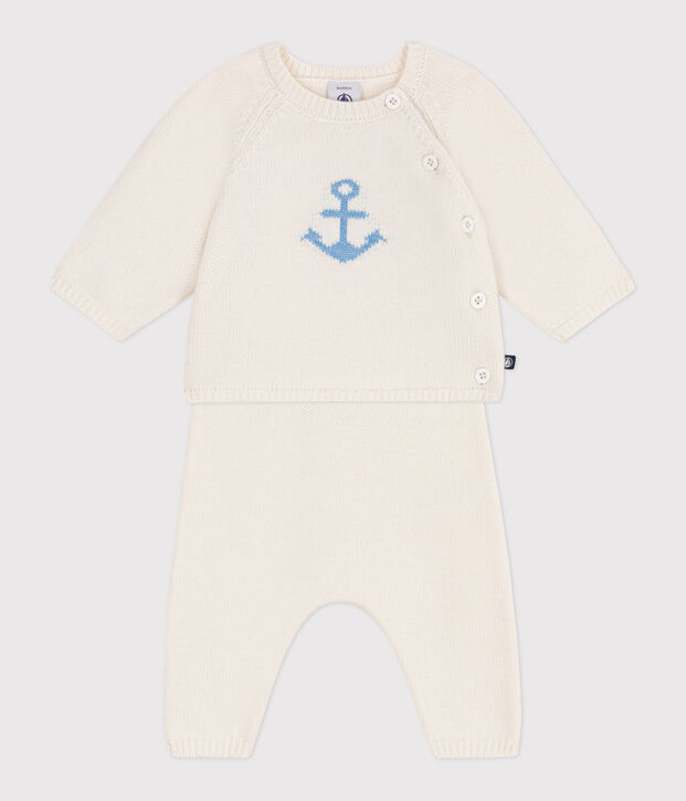 2-teiliges Baby-Set aus Woll- und Baumwollstrick mit Jacquardmuster weiss