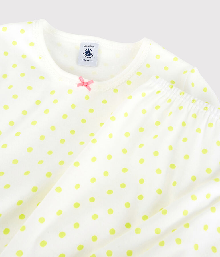 Kinderpyjama aus Baumwolle mit gelbem Polka-Dot-Muster f&uuml;r M&auml;dchen weiss MARSHMALLOW/ SUNNY