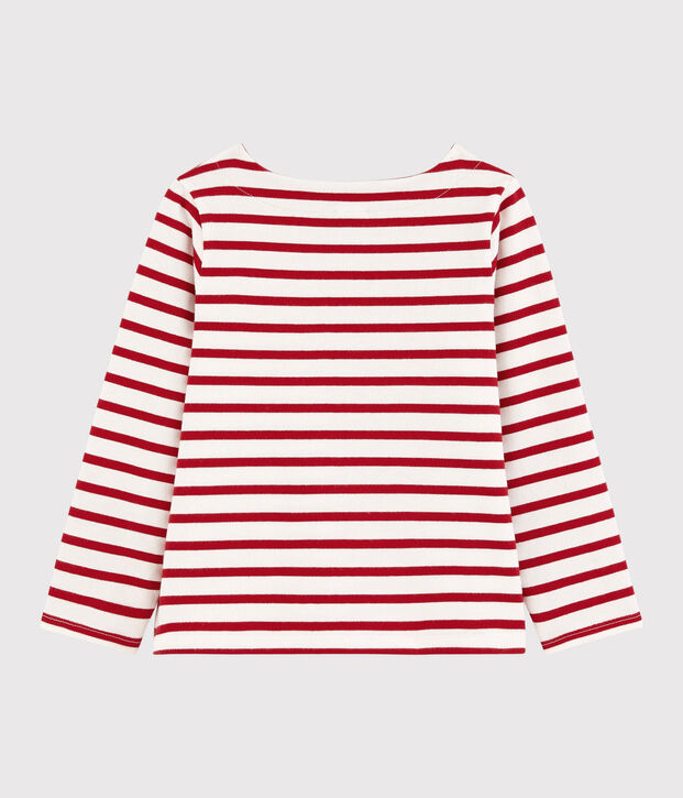 Kindershirt aus Jerseystoff mit Marinestreifen f&uuml;r M&auml;dchen weiss/rot