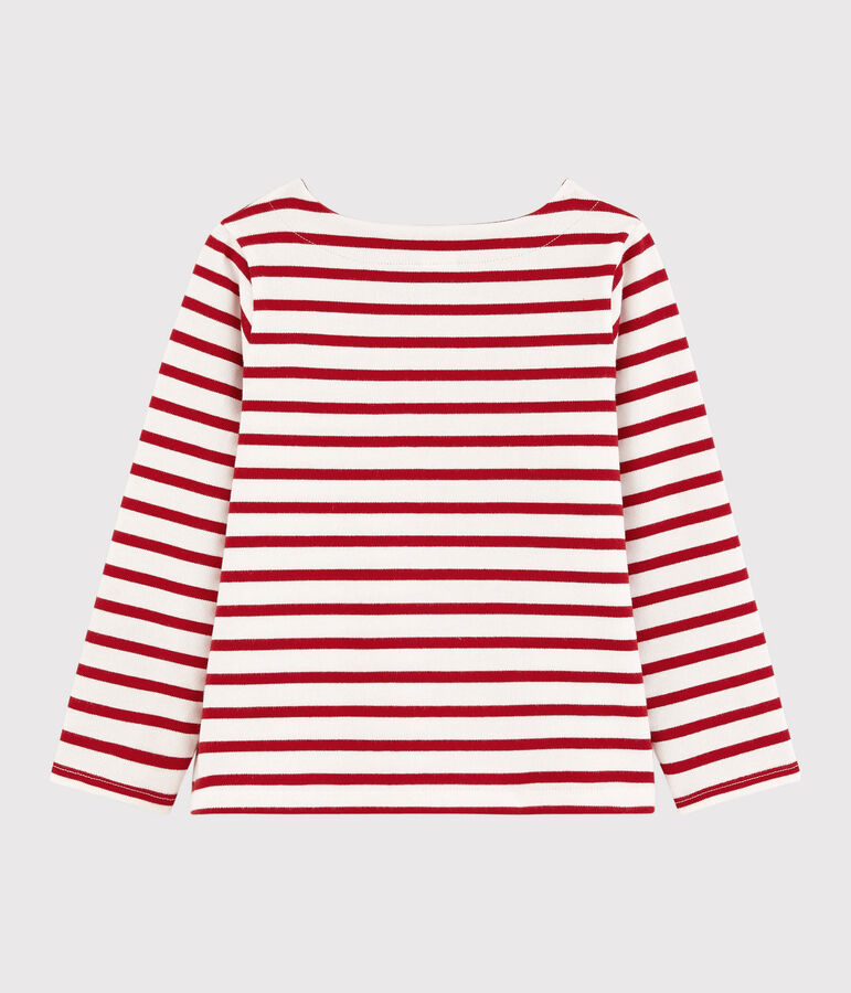 Kindershirt aus Jerseystoff mit Marinestreifen f&uuml;r M&auml;dchen weiss/rot
