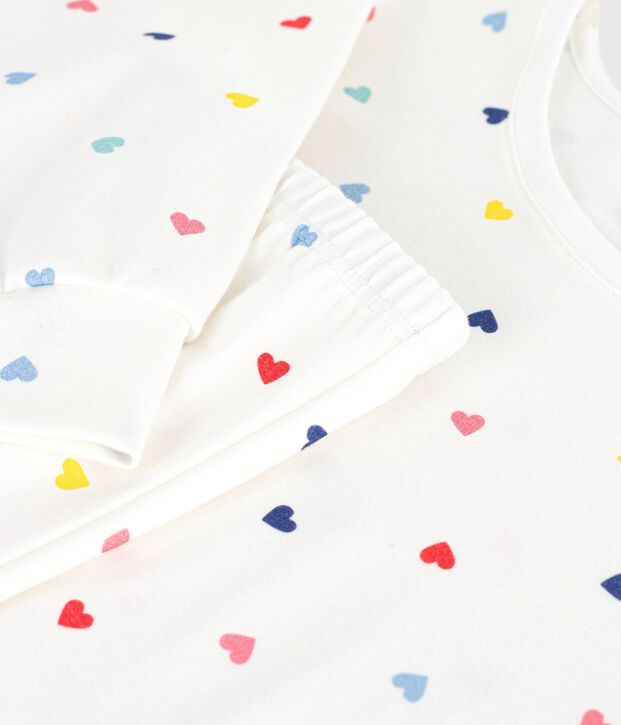Damen-Pyjama aus Baumwolle und Elastan mit Herzmotiv weiss/vielfarbig