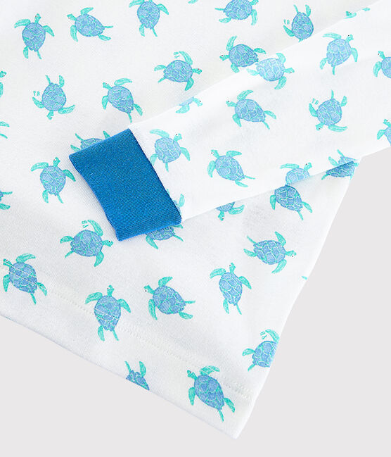 Snugfit-Kinderpyjama aus Baumwolle mit Schildkrötenmotiv weiss MARSHMALLOW/blau COOL