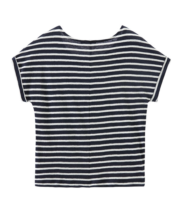 Gestreiftes Damen-T-Shirt aus Leinen blau/weiss