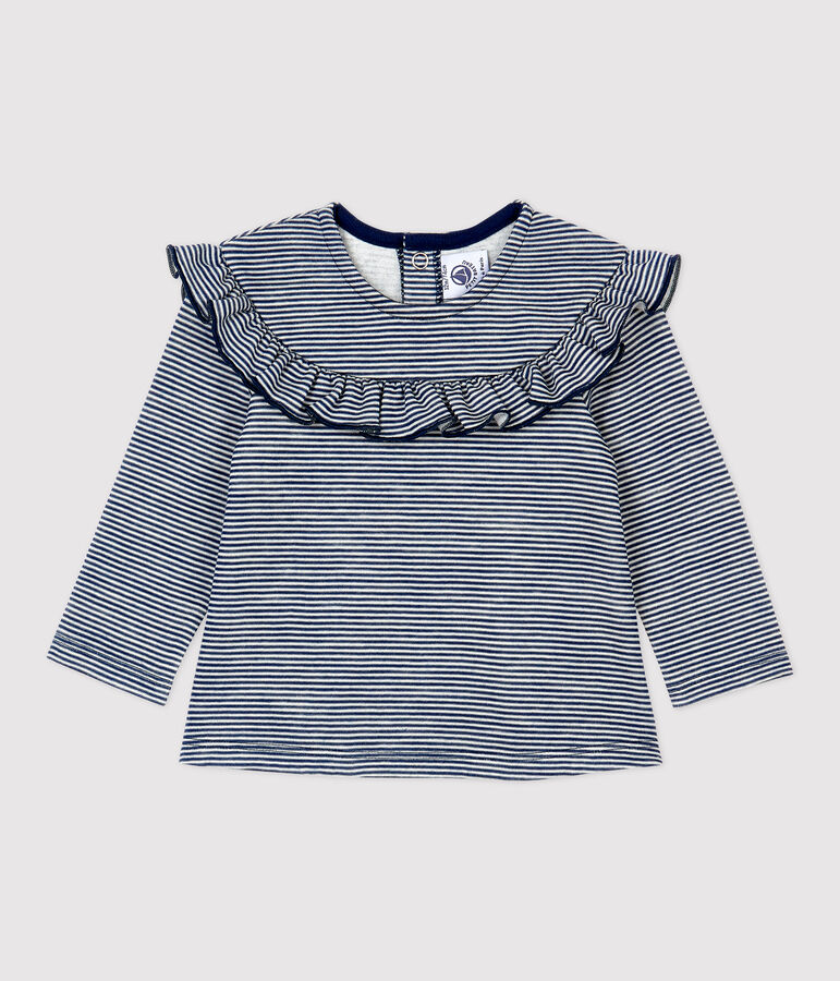 Baby-Bluse aus Wolle und Baumwolle blau MEDIEVAL/weiss MARSHMALLOW