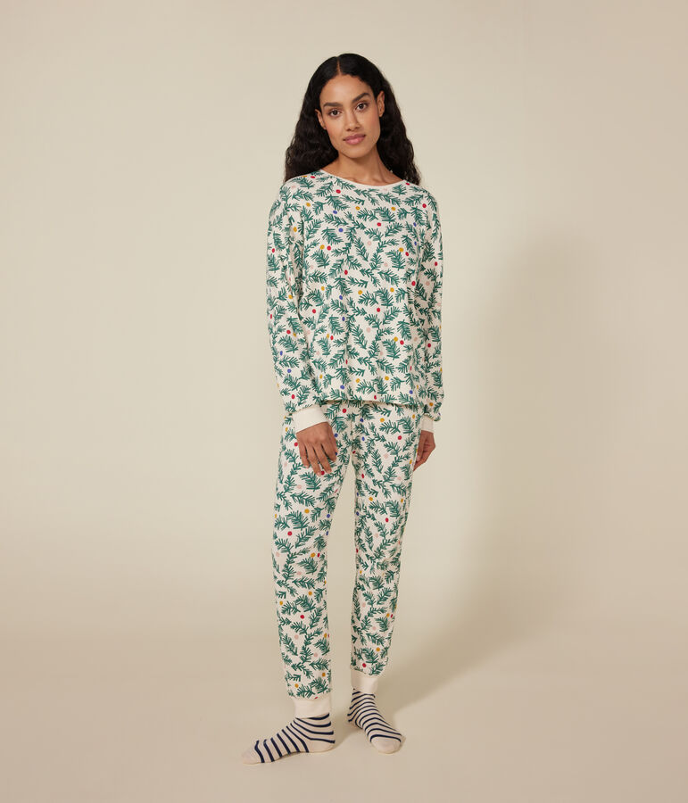 Damen-Pyjama aus Baumwolle mit Tannenbaum-Motiv naturfarben/vielfarbig